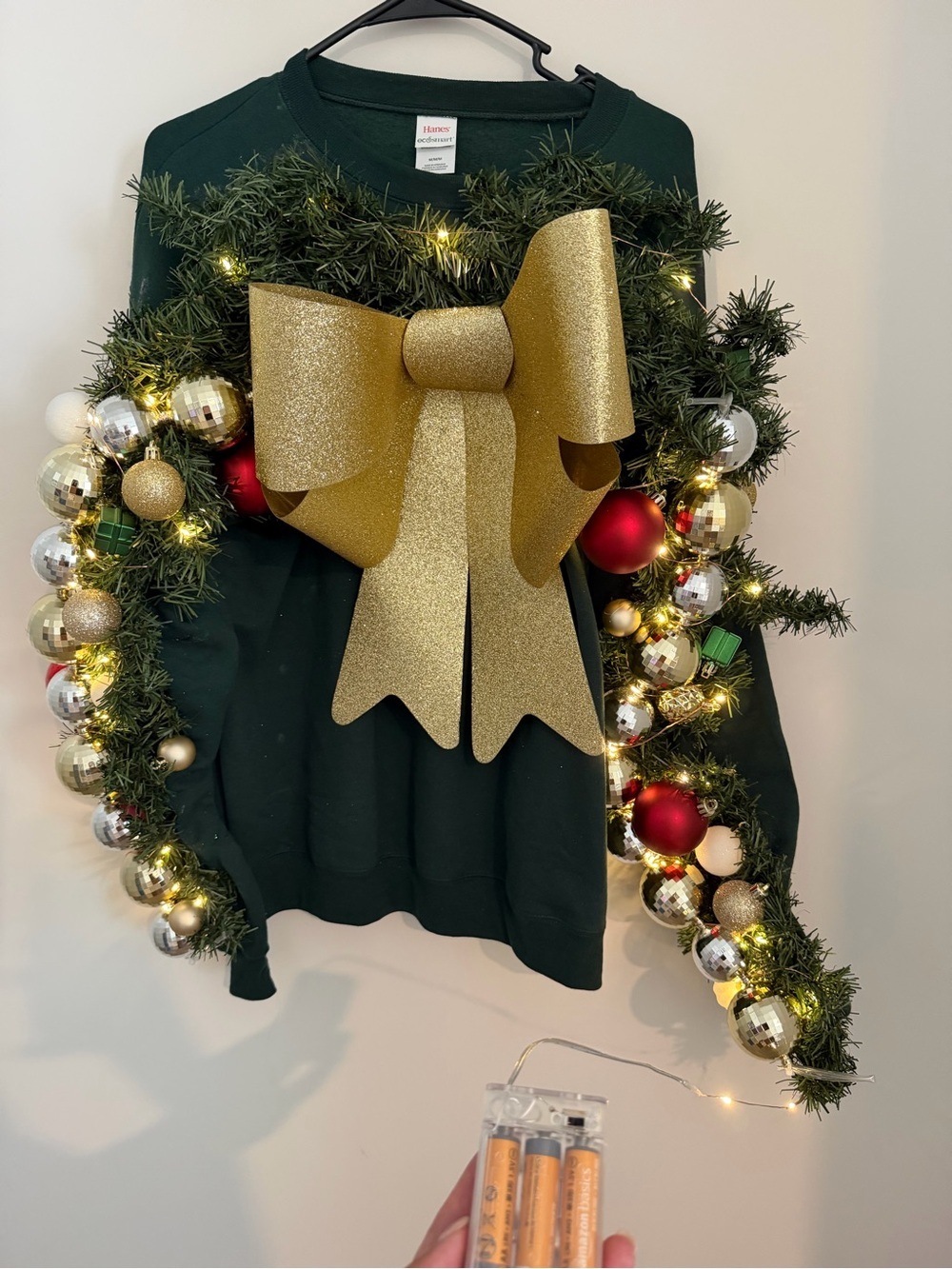 Handmade DIY Light Up Wreath Ugly Christmas Sweater with Gold Bow - Picture 6 of 6